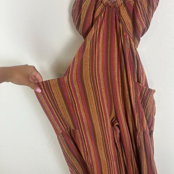 Free People Sundaze For Surfin' Jumpsuit M Red Clay Combo Striped Cotton Boho - Picture 4 of 12